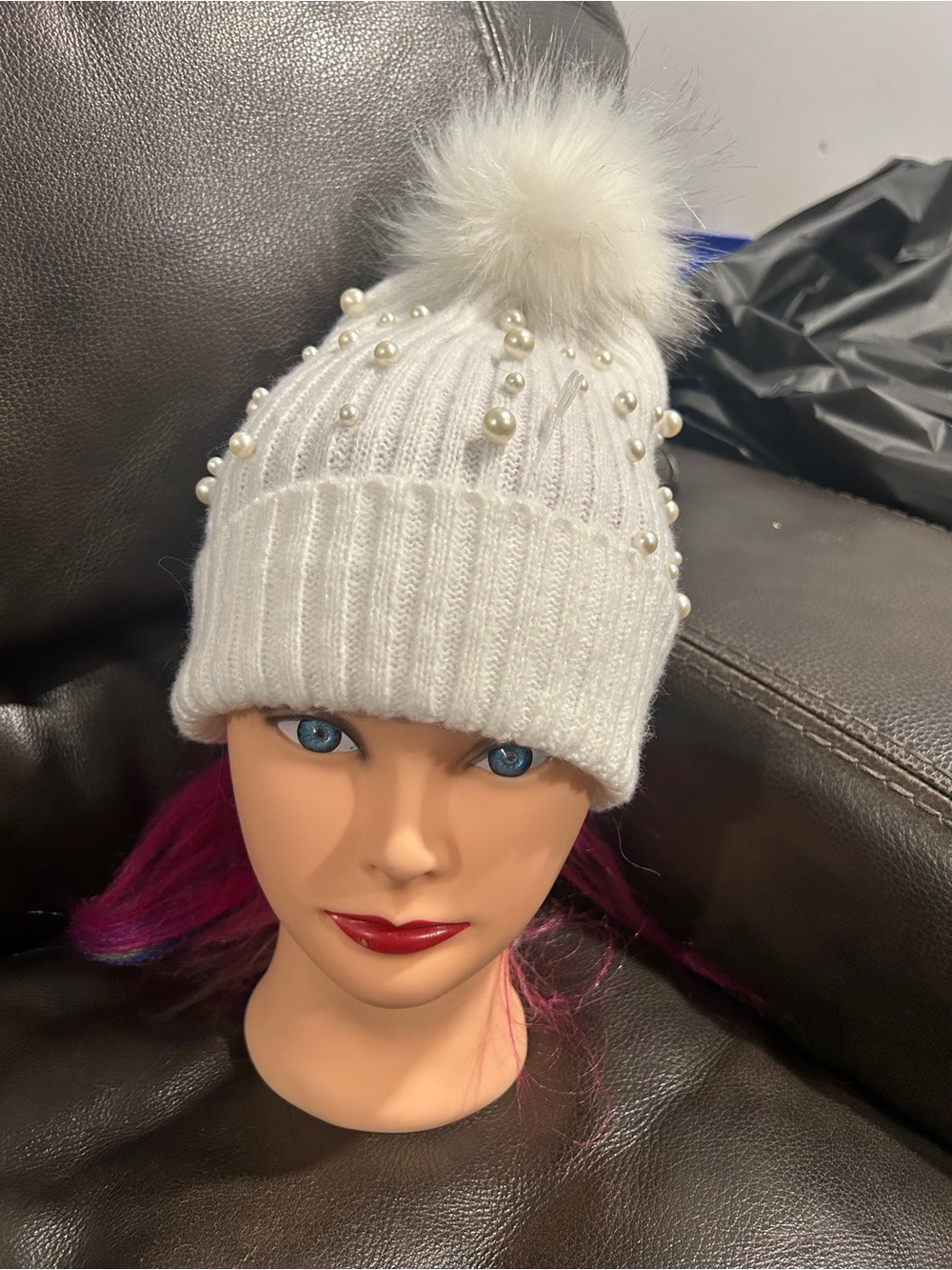 Pearl-Accent Cream Pom Pom Knit Beanie - Women